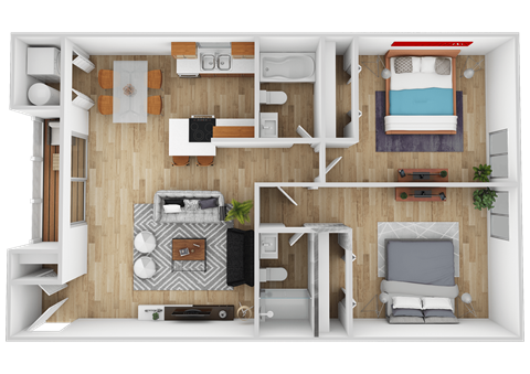 Floor plan for 2 beds, 2 baths, 950 sqft